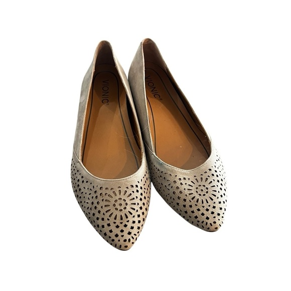 Vionic Carmela Dark Taupe Perforated Suede Almond Toe Flats 7 - Picture 6 of 8
